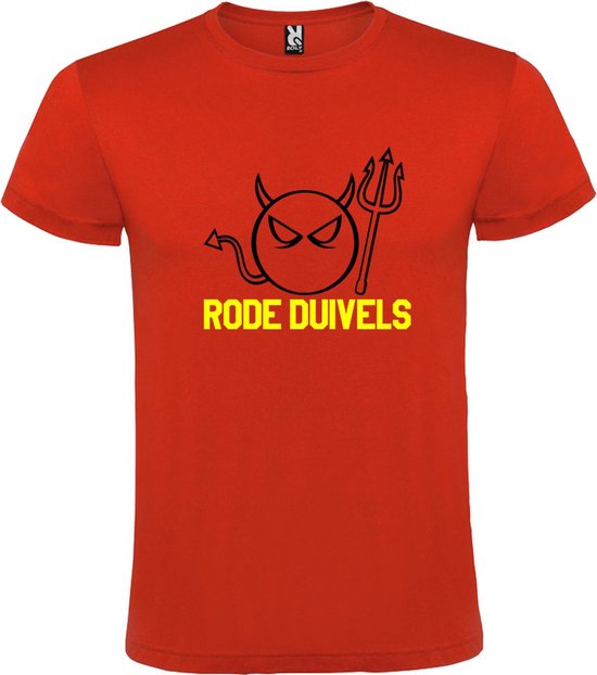 Rood T-shirt met opdruk "RODE DUIVELS" in gele letters, met een zwarte tekening van een duiveltje met hoorns en drietand.