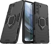 Samsung Galaxy S21 FE hoesje - MobyDefend Dubbelgelaagde Pantsercase Met Standaard - Zwart - GSM Hoesje - Telefoonhoesje Geschikt Voor Samsung Galaxy S21 FE