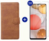 BixB Samsung A42 5G hoesje - Met 3x screenprotector / tempered glass - Book Case Wallet - Bruin