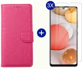 BixB Samsung A42 5G hoesje - Met 3x screenprotector / tempered glass - Book Case Wallet - Roze