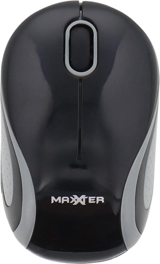 Mini souris optique sans fil Maxxter, noire, avec piles.