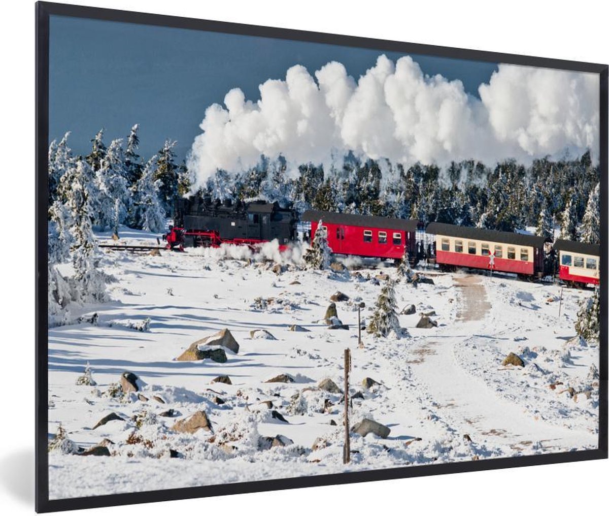 Fotolijst incl. Poster - Een stoomlocomotief in de sneeuw - 120x80 cm - Posterlijst