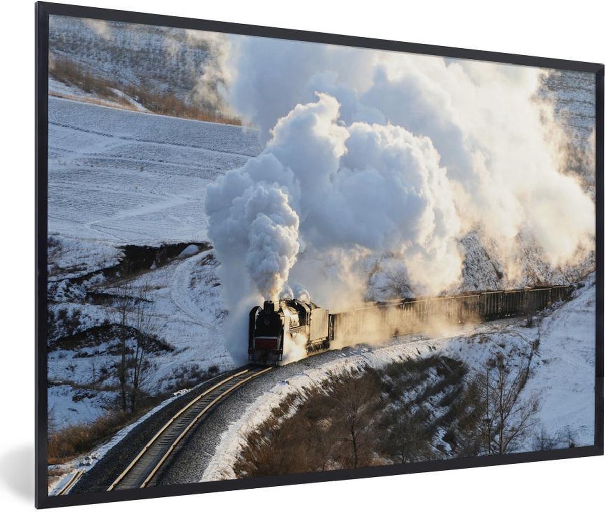 Fotolijst incl. Poster - Een stoomlocomotief met erg veel stoom - 60x40 cm - Posterlijst