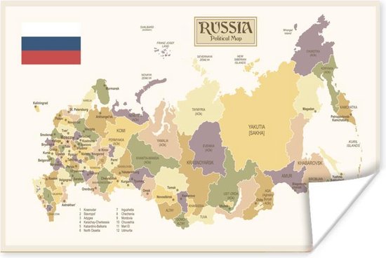 Poster Illustratie van een ouderwetse kleurrijke kaart van Rusland - 30x20 cm