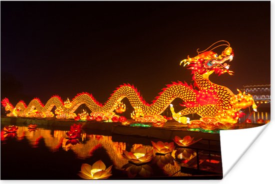 Chinese draak met licht poster 90x60 cm - Foto print op Poster (wanddecoratie woonkamer / slaapkamer)