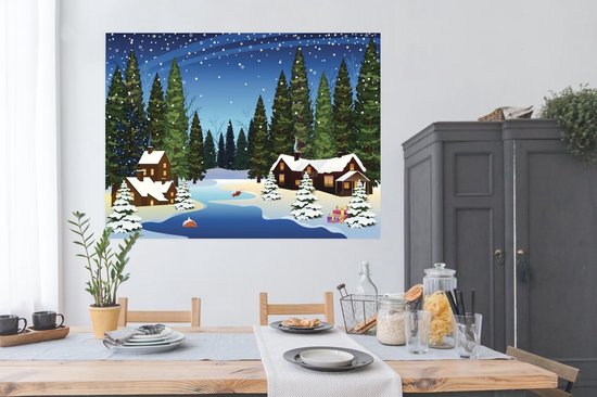 Une illustration d'une forêt enneigée dans la nuit poster 160x120 cm - Tirage photo sur Poster (décoration murale salon / chambre) / Poster Arbres XXL / Groot format!