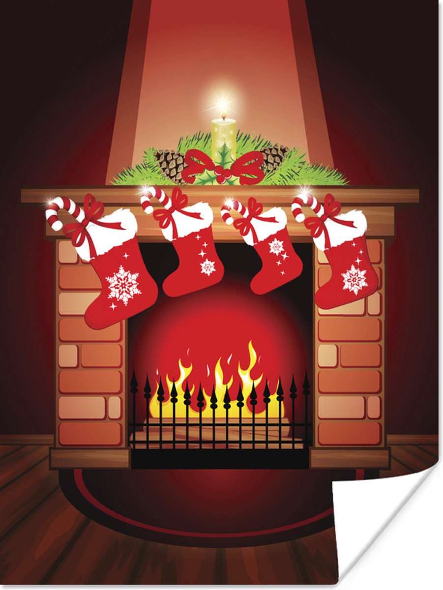 Poster Een illustratie van kerst-sokken boven de open haard - 30x40 cm |  bol.com