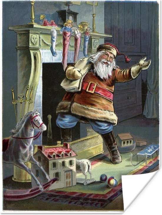 Poster Een antieke illustratie van de kerstman bij de open haard - 60x80 cm