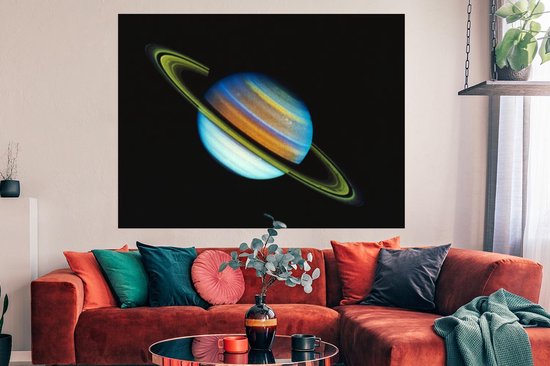 Affiche Saturne aux tons bleus 160x120 cm - Tirage photo sur Poster (décoration murale salon / chambre) XXL / Groot format!