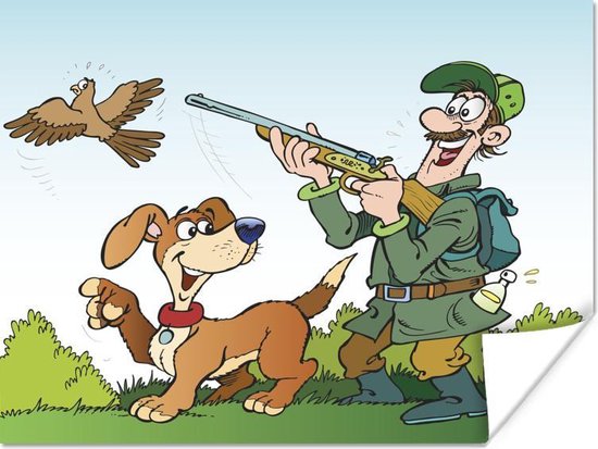 Une illustration de bande dessin e d un chasseur avec son chien de