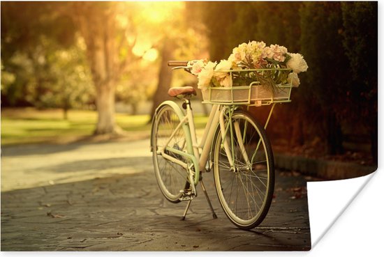 Poster - Bloemen in de fietsmand van de fiets