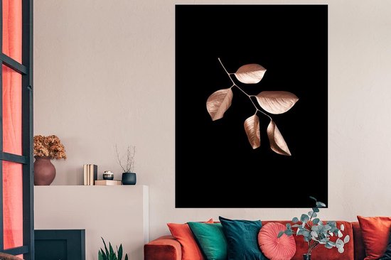 Branche aux feuilles rose or sur fond noir 120x180 cm XXL / Groot format!