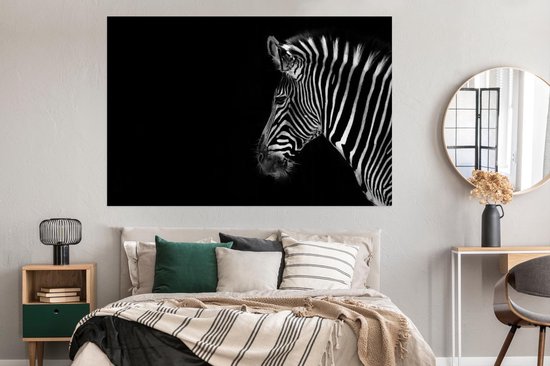 Poster Zebra sur fond noir papier 180x120 cm - Tirage photo sur Poster (décoration murale salon / chambre) / Poster Animaux sauvages XXL / Groot format!