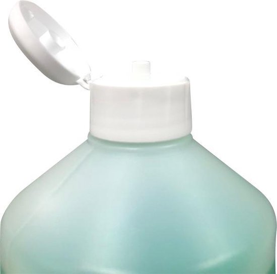Close-up van de witte, opklapbare dop van een fles groen transparant reinigingsmiddel.