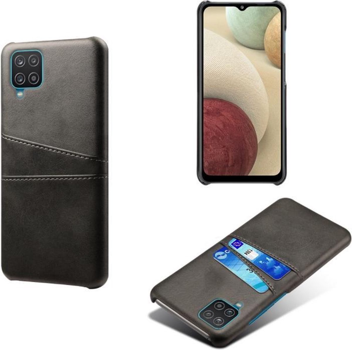 Backcover met Opbergvakjes + PMMA Screenprotector voor Samsung Galaxy A12 _ Zwart