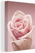 Canvas Schilderij Dauwdruppeltjes op een enkele roze roos - 90x120 cm - Wanddecoratie
