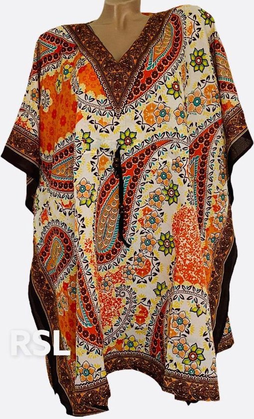 Dames kaftan/tuniek met paisley-bloemenprint onesize 38-50 oranje