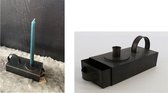 Kaarsenhouder- Kandelaar met laatje voor lucifers - industrieel - zwart metaal staal - sfeer kaarsen - 18x10x7,5cm