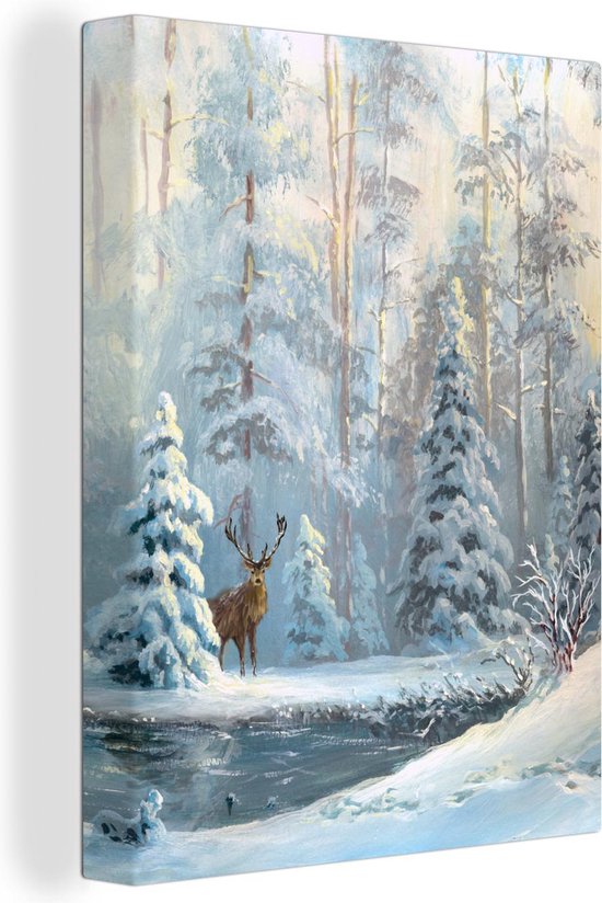 Canvas schilderij 120x160 cm - Wanddecoratie Hert - Winter - Bos - Muurdecoratie woonkamer - Slaapkamer decoratie - Kamer accessoires - Schilderijen - Kerstdecoratie voor Binnen - Kerstdecoratie Woonkamer - Kerstdecoratie in Huis