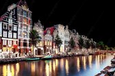 JJ-Art (Glas) | Amsterdam, in de avond in kleurige geschilderde stijl gracht met herenhuizen en bootjes | Nederland, modern | Foto-schilderij-glasschilderij-acrylglas-acrylaat-wand
