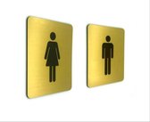 Deurbordje Toilet - WC bordjes – Tekstbord WC – Toilet bordje – WC - Bordje – WC Heren Dames Toilet – Man Vrouw - Geborsteld Goud Look – Pictogram – Set van 2 - Zelfklevend – 10 cm