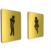 Deurbordje Toilet - WC bordjes – Tekstbord WC – Toilet bordje – WC - Bordje – WC Heren Dames Hoge Nood – Man Vrouw - Geborsteld Goud Look – Pictogram – Set van 2 - Zelfklevend – 10