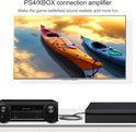 Zwarte receiver met 'Bluetooth' display, verbonden met een PS4. Grote tv met twee kano's op het scherm.