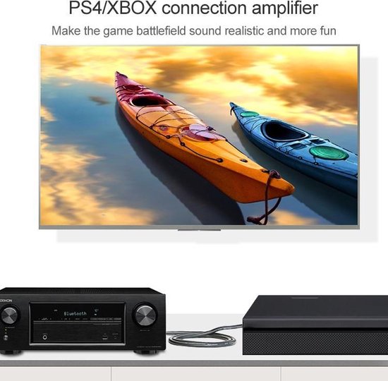 Zwarte receiver met 'Bluetooth' display, verbonden met een PS4. Grote tv met twee kano's op het scherm.