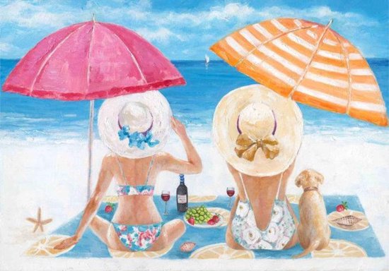 120 x 80 cm - Canvasschilderij - 2 dames op het strand - print op canvas