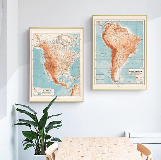 Allernieuwste Canvas Schilderij SET 2 stuks Landkaarten Noord en Zuid Amerika - Vintage Minimalisme - Poster - 2st 50 x 70 cm - Kleur
