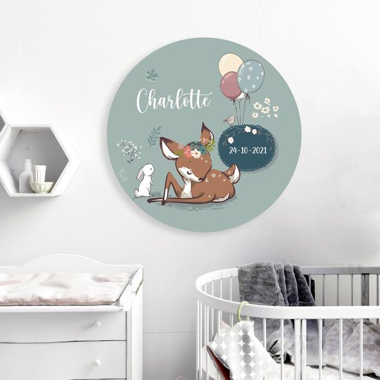 eigen – Chambre de bébé mural Cerf – avec naam et date de naissance – Décoration murale Chambre bébé – Forex – Ø 120 cm