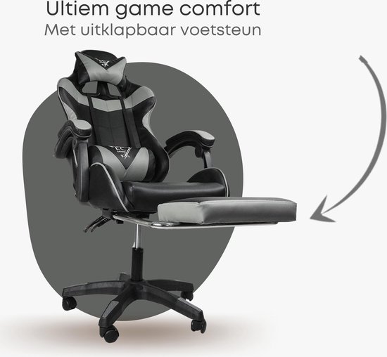 Deluxe Game Stoel - Gaming Stoel - Gaming Chair - Bureaustoel - Grijs - Extra Kussens - Uitschuifbare Voetensteun - Kazaxl