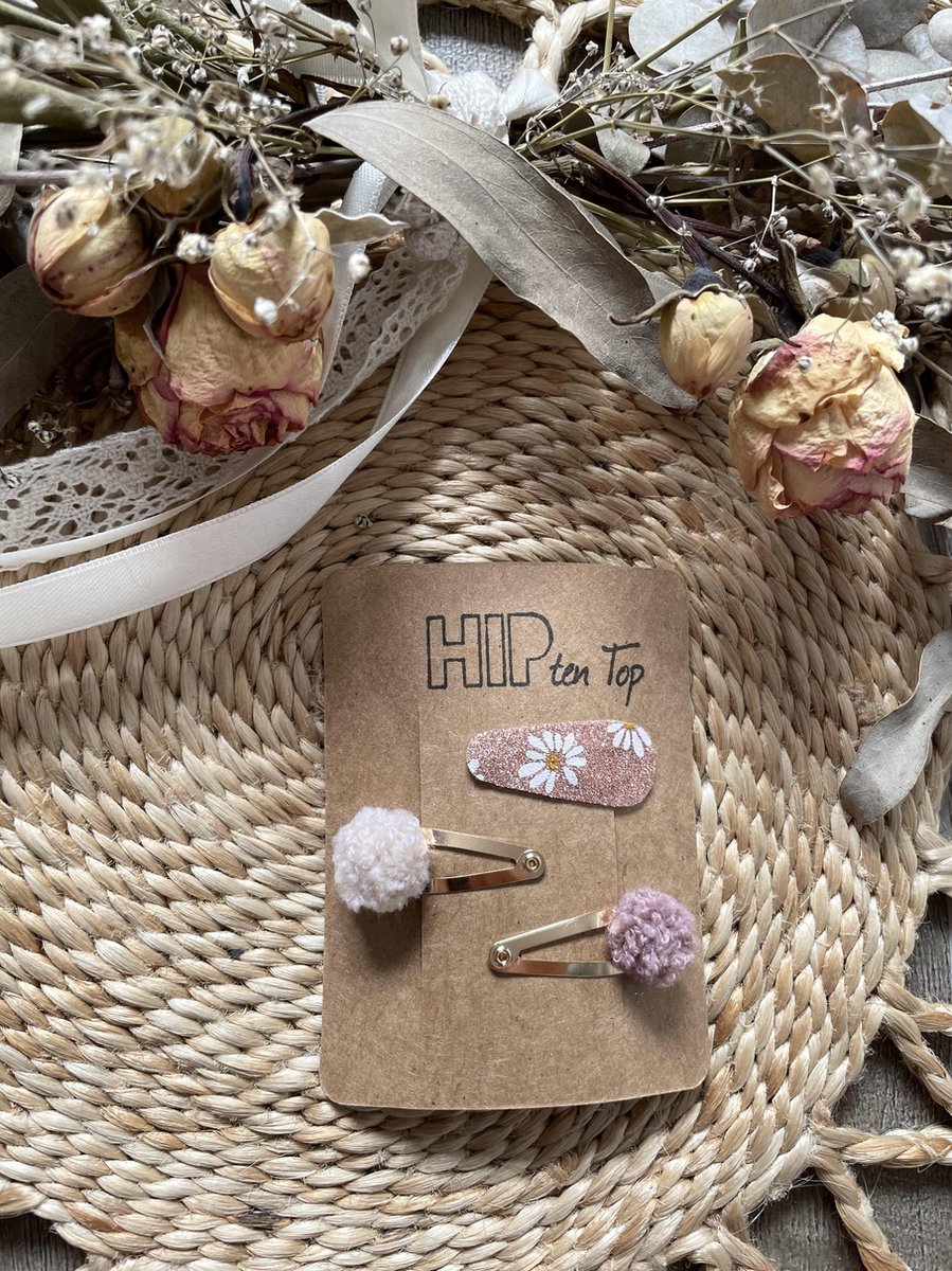 Haarspeldje - pompon - baby meisje - madelief speldje - Roze