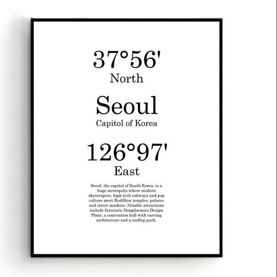 Steden Poster Seoul met Graden Positie en Tekst - Muurdecoratie - Minimalistisch - 30x21cm / A4 - PosterCity