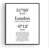 Steden Poster Londen met Graden Positie en Tekst - Muurdecoratie - Minimalistisch - 50x40cm - PosterCity