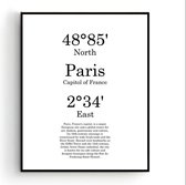 Steden Poster Parijs met Graden Positie en Tekst - Muurdecoratie - Minimalistisch - 50x40cm - PosterCity
