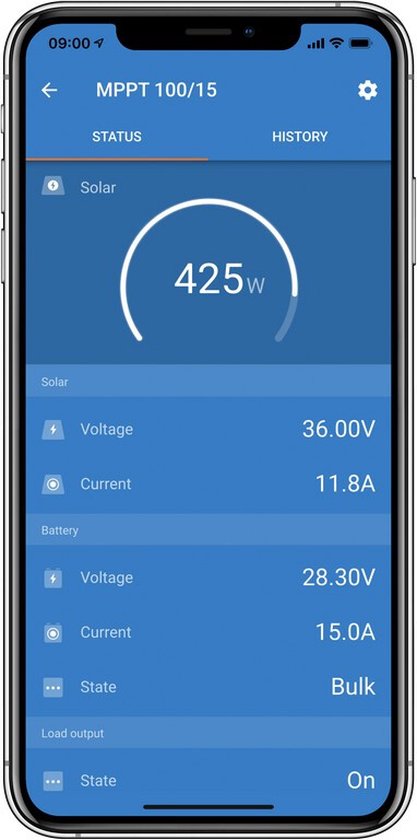 iPhone scherm met Victron MPPT 100/15 app, toont 425W zonne-energie, voltage en stroom.