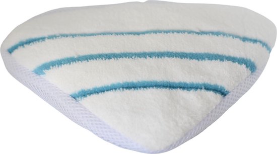 Witte microvezeldoek met drie horizontale blauwe strepen, met een mesh-rand.