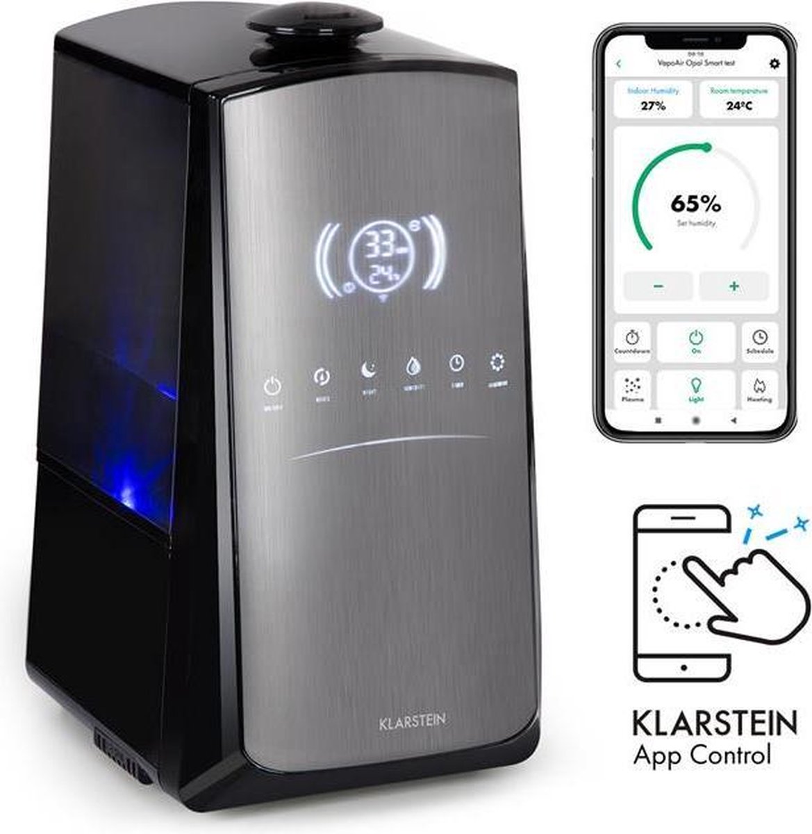 Klarstein VapoAir Opal Smart - luchtbevochtiger 110 watt - 5 liter - 300 ml/h - warmtefunctie - geïntegreerde aroma-diffusor - afstandsbediening - bediening via app