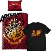 Harry Potter Dekbedovertrek 140x200cm - Kussensloop 70x90cm- 100%Katoen- rood, incl. zwart T-shirt met Toverspreuken-boek mt 5/6