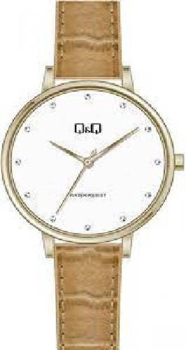 QQ QB57J111Y - Horloge - Analoog - Vrouwen - Dames - Leren band - Rond - Metaal - Bruin-Beige - Goudkleurig - Zilverkleurig - 3 ATM