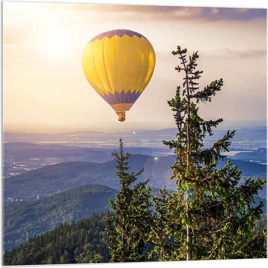 Acrylglas - Blauw/Gele Luchtballon boven Prachtig Landschap  - 100x100cm Foto op Acrylglas (Met Ophangsysteem)