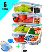 Glazen meal prep bakjes 5 stuks - Inclusief siliconen vershouddeksels & recepten E-book - Maaltijdbakjes 2 vakken - Meal prep 2 compartimenten - Vershoud lunchbox - Vershouddoos