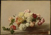 Kunst: Bowl of roses on a marble table 1885 van Henri Fantin-Latour. Schilderij op canvas, formaat is 60x100 CM