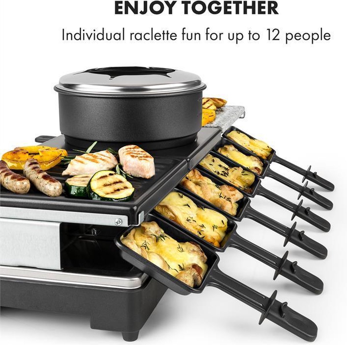Klarstein Fonduelette XL - Gourmetstel - raclette-grill en fondue 1650W - metalen grillplaat, natuurstenen plaat en crêpesplaat - voor 12 personen – foto 8