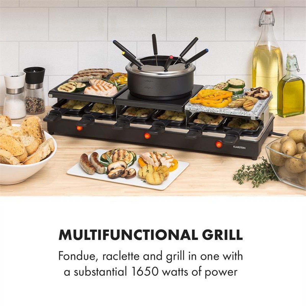 Klarstein Fonduelette XL - Gourmetstel - raclette-grill en fondue 1650W - metalen grillplaat, natuurstenen plaat en crêpesplaat - voor 12 personen – foto 4