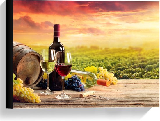 Canvas  - Wijnvat met Wijn en Druiven - 40x30cm Foto op Canvas Schilderij (Wanddecoratie op Canvas)