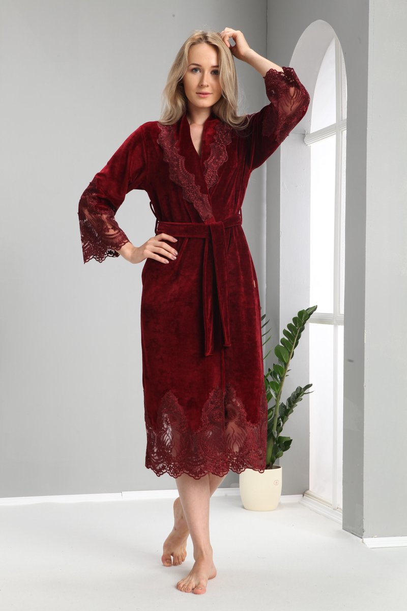 Dames Velour Badjas Sofie / Ochtendjas / Bordeaux kleur /maat XXXL