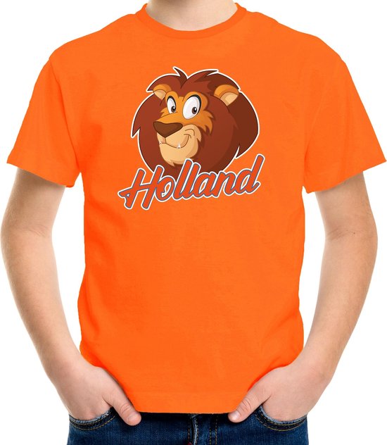 Oranje fan t-shirt voor kinderen - Holland met cartoon leeuw - Nederland supporter - Koningsdag / EK / WK shirt / outfit 146/152