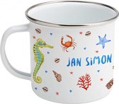 Emaille mok met naam - Kreeft zeepaardje vis - Gepersonaliseerde drinkbeker - kraamcadeau - Dieren in aquarel - Geschilderd door Mies